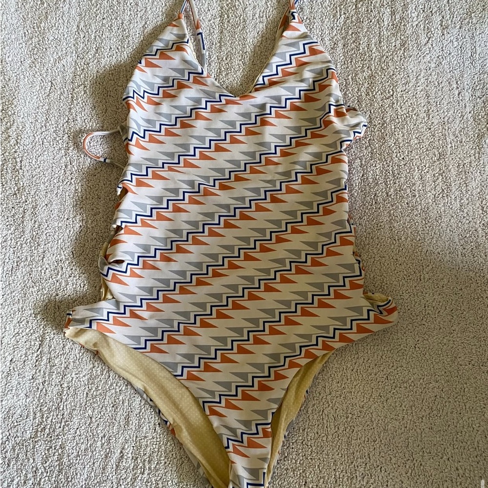 Acacia Swimwear Zigzag One Piece in Orange, Blue, and Cream
